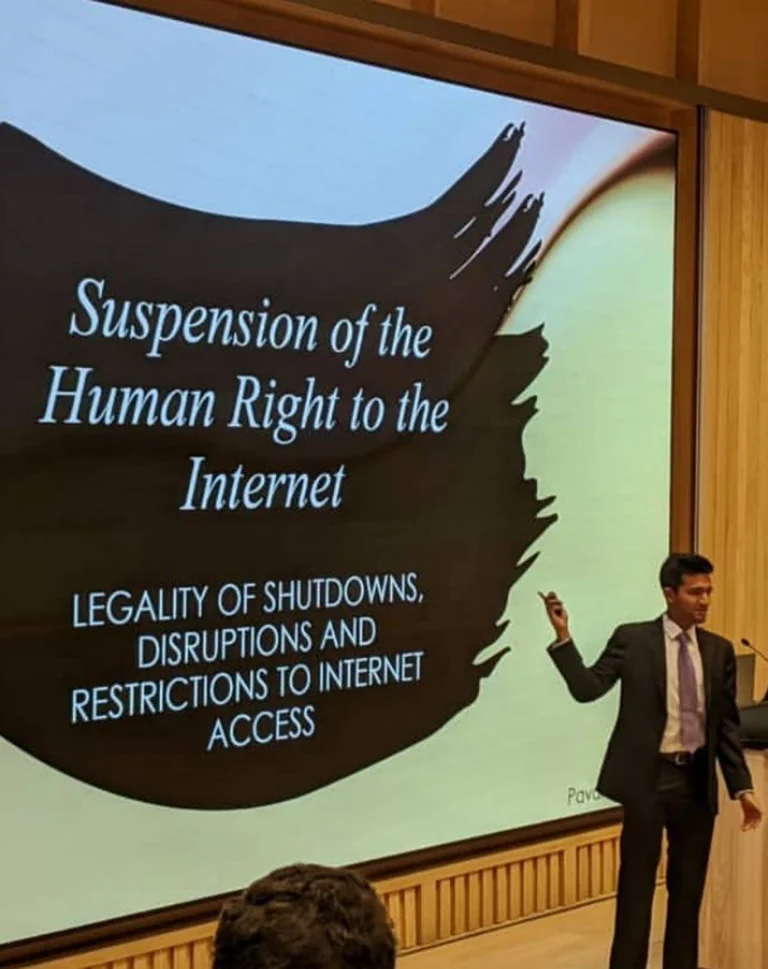 Pavan Srinivas speaks at an international conference in Jesus College Cambridge on the legality of internet shutdowns